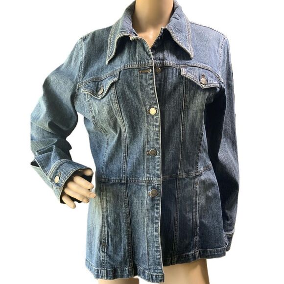 Static Blue Classic Denim Button-Front Collared Long Sleeve Y2K Jacket Large - Picture 1 of 16